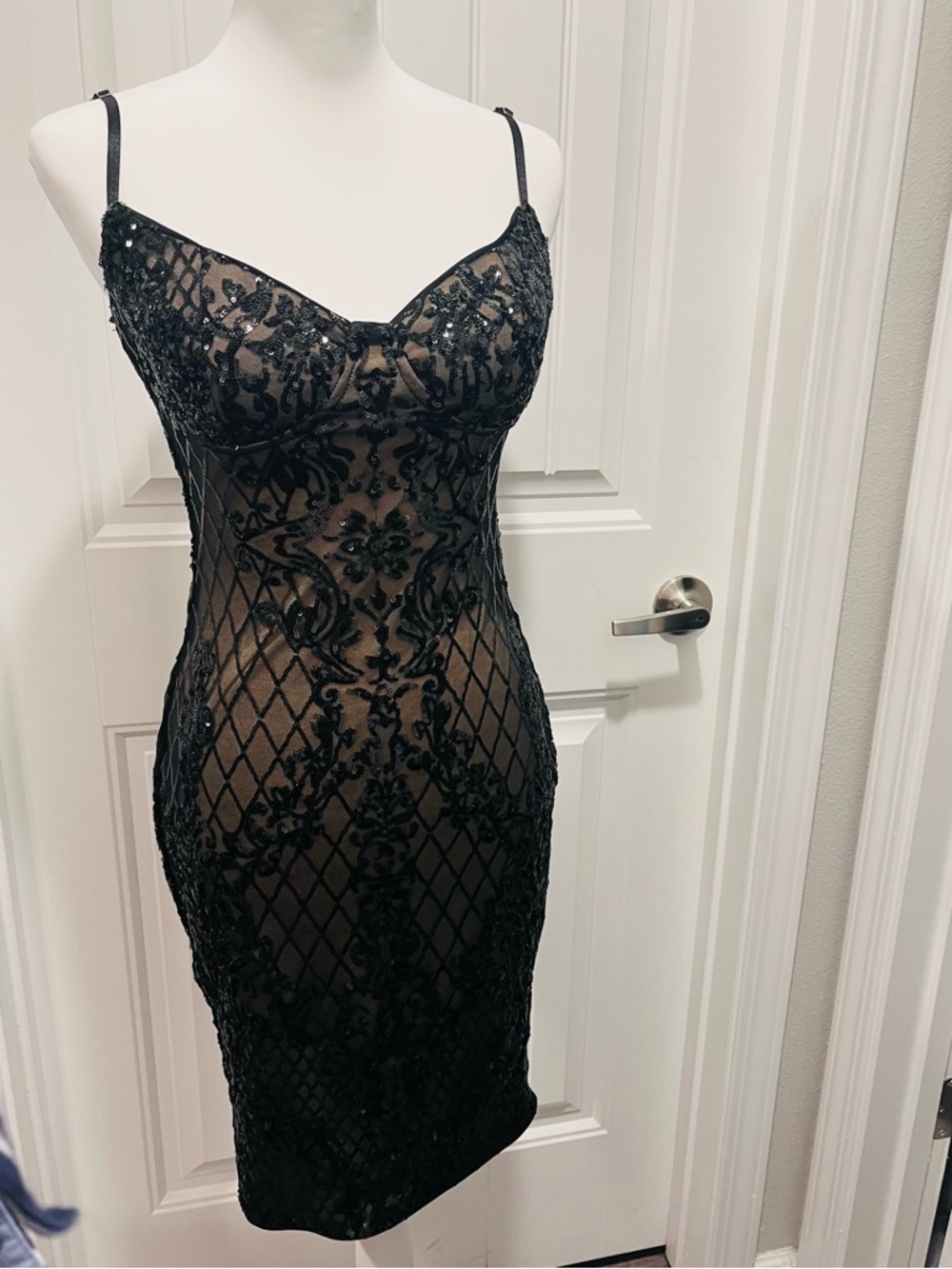 privy Black Sheer Lace & Sequin Slip Dress